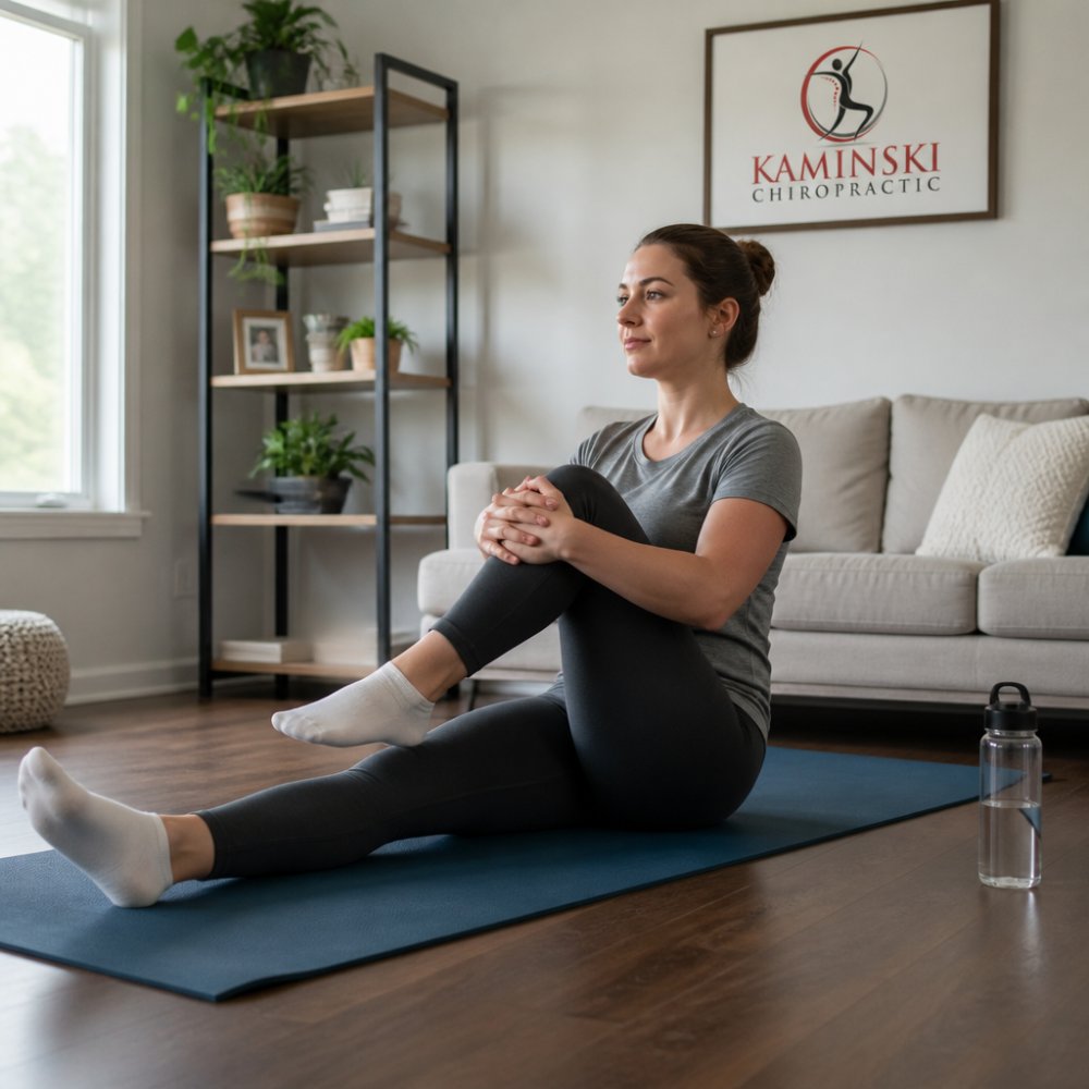 Person performing a seated knee-to-chest stretch to relieve lower back stiffness on a yoga mat in a bright room.